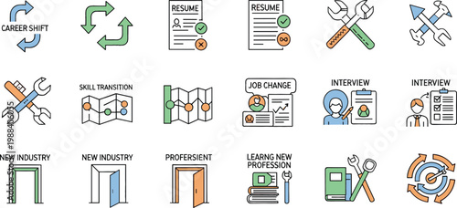 Career change and professional development icons set featuring resume update, skill transition, job interview, new industry, learning process and career growth vector illustration