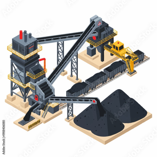 Industrial coal processing plant with conveyor belts and train cars.