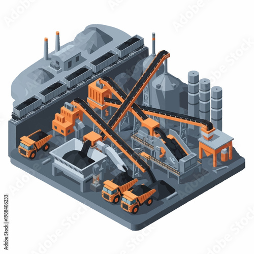 Industrial coal processing plant with trucks and conveyor belts.