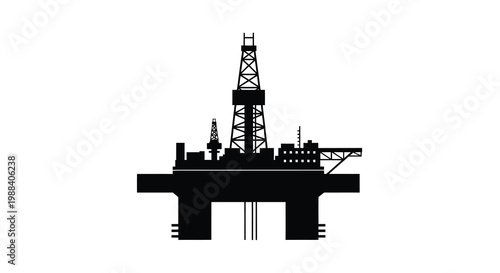 A stark silhouette of a black offshore oil and gas platform against a plain white background