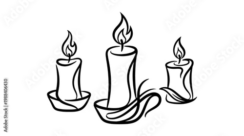 Three Burning Candles in a Simple Black and White Line Drawing.