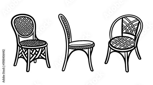 Three Wicker Chairs in Various Positions Black and White Illustration.