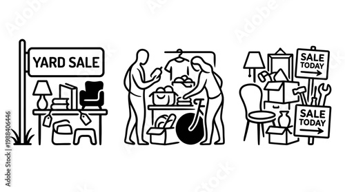 Yard Sale Scenes Sign Customers and Items on Display