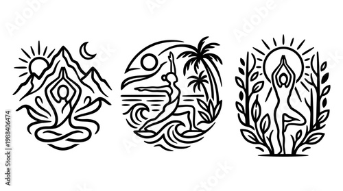 Yoga Poses in Nature Mountain Beach and Forest Illustrations.