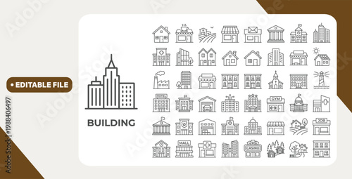 Building web icons in line style. Hotel, hospital, apartament, city, town house, mall, coffee, collection. Editable stroke. Vector illustration. 