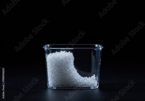 Clear container contrasts packed material density with equivalent volume of empty space representing the void, heavy, filling, density