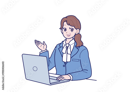 スーツ姿の若い女性がノートパソコンを前に案内しているイラスト