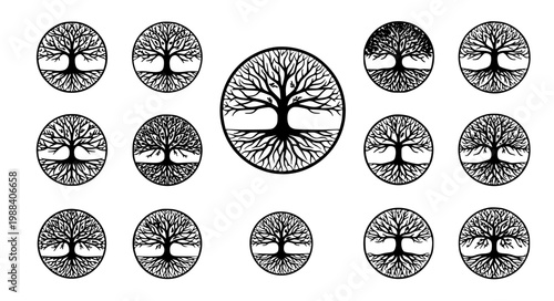 Tree and Roots Circle Logo Vector Set Black White Nature Organic Brand Collection