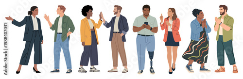 Set of diverse people stand together, smiling and gesturing. They express joy, warmth, and connection through body language. Perfect for team collaboration, workplace inclusivity, or community events