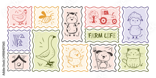 A set of stamps with hand-drawn pets in colored ink. Farm, village life, Vector illustration.