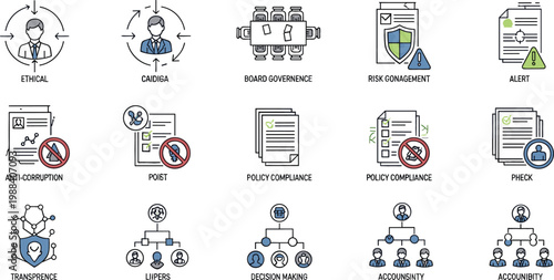 Compliance and data governance icons set featuring GDPR, risk management, audit process, policy compliance, transparency, accountability and corporate regulatory framework vector illustration