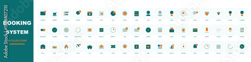 Booking system icon set, 54 flat color vector icons for reservation management, travel and hotel booking interface elements