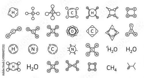 Various chemical molecular structures and formulas hand drawn sketch.