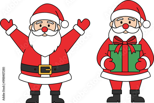Cute Santa Claus cartoon characters holding gift box and waving hands, festive Christmas holiday mascot illustration for greeting cards, decorations, and seasonal design
