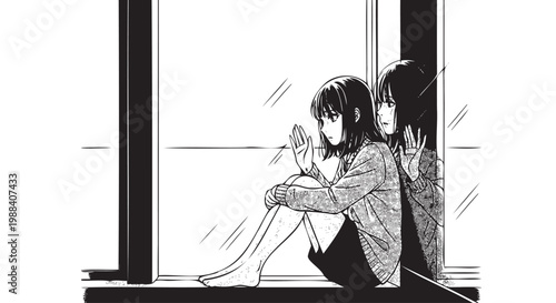 Girls Sitting by Window Manga Style