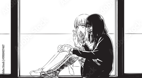 Manga girls sitting by window, one comforting the other