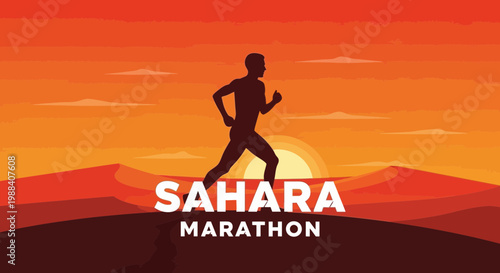 Sahara Marathon Illustration: Runner Silhouette Against Sunset Over Desert Landscape