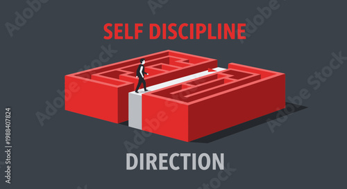 Self Discipline Leading To Direction Through A Red Maze, Vector Illustration Design