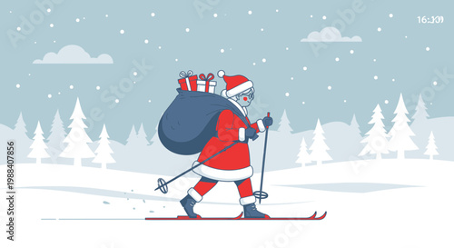 Santa Claus Skiing Through Winter Wonderland Delivering Christmas Presents For All The Children