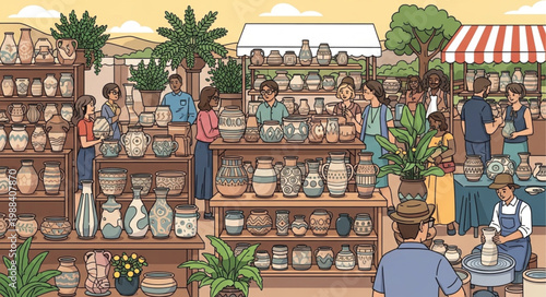 Outdoor pottery market scene with diverse people browsing handmade ceramics.