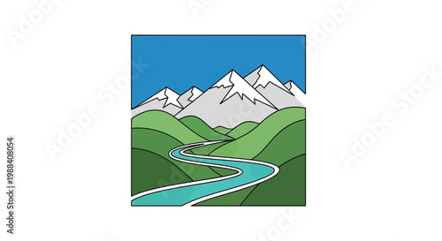 Scenic Mountain Landscape With A Flowing River Depicted In A Decorative Illustration