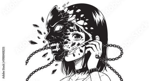 Girl with monster face breaking free from chains