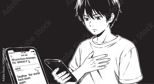 Teenager with phone deletes text message