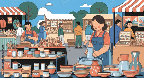 Outdoor pottery market with diverse vendors and customers browsing handmade ceramics.
