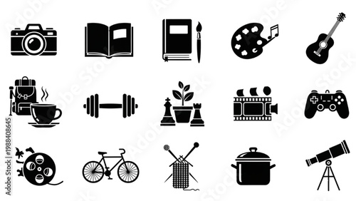 Hobbies and Leisure Icons: A set of simple yet illustrative icons representing diverse hobbies and leisure activities. The icons offer a glimpse into various recreational pursuits and interests.