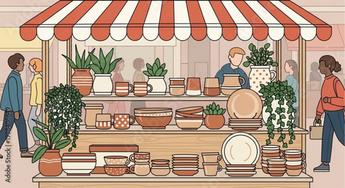Outdoor pottery stall displaying handmade ceramics and plants with customers browsing.