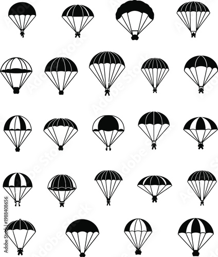 Parachute Icons: Skydiver, Freefall, and Descent Silhouettes