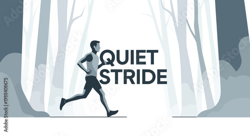 Silhouette Of A Runner In Forest, Quiet Stride, Monochrome Concept, Inspirational Active Man
