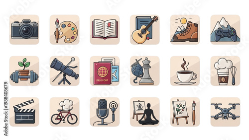 Assorted Icon Array: A carefully curated collection of illustrated icons, representing a diverse array of hobbies, passions, and interests, each icon is a gateway to exploration.