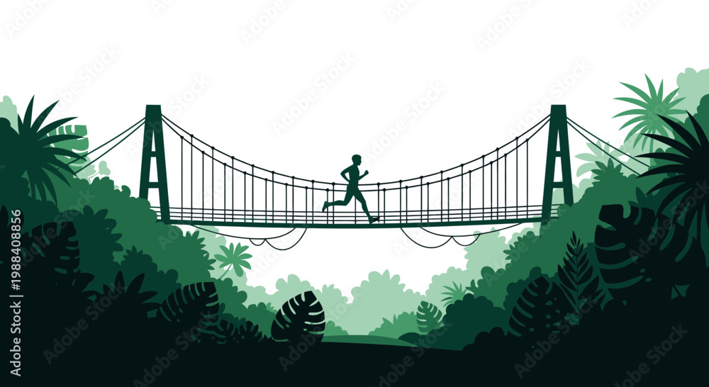 Fototapeta premium Silhouette Of A Runner Crossing A Suspension Bridge Amidst Lush Tropical Foliage