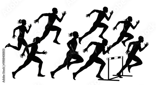 Silhouette Athletes Sprinting Towards Victory Over a Hurdle With Determination and Agility