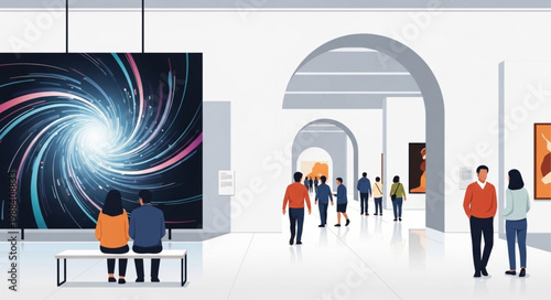 People admire a vibrant abstract art installation in a modern museum gallery.