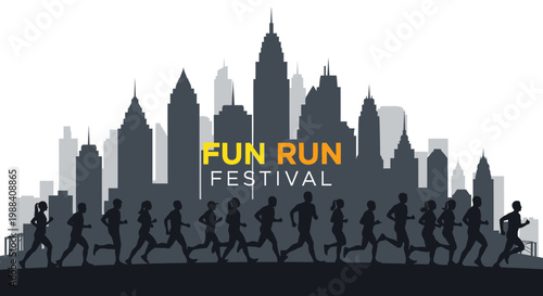 Silhouette Fun Run Festival in Urban Metropolis Setting with Participants Running