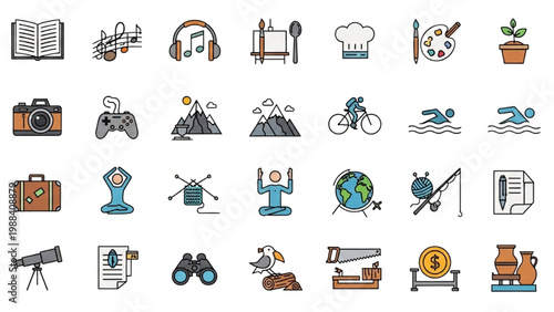 Icons of Diverse Pursuits: A vibrant collection of icons representing a spectrum of hobbies and leisure activities, from books and music to cooking and outdoor adventures.
