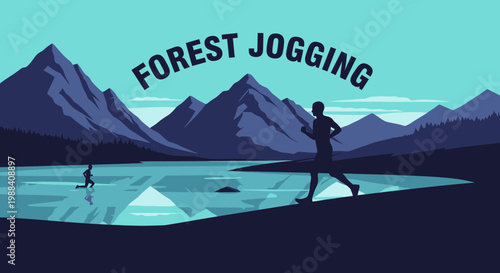 Silhouette Of A Runner Jogging Along A Lake With Mountains In The Background