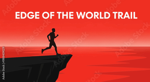 Silhouette Of A Runner On Edge Of The World Trail Against Red Sky Backdrop