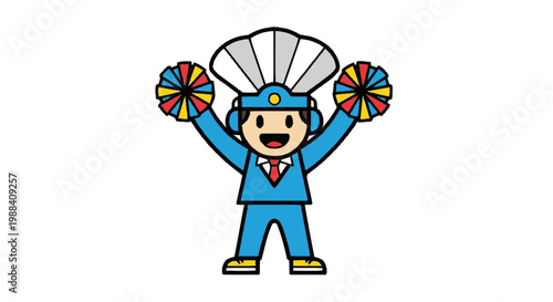 Cartoon cheerleader with pom poms isolated on white background