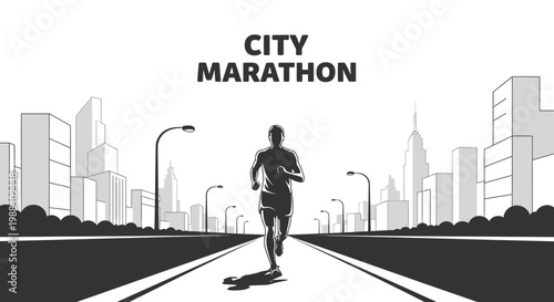 Silhouette Of A Runner In A City Marathon, Black And White, Perspective View Illustration