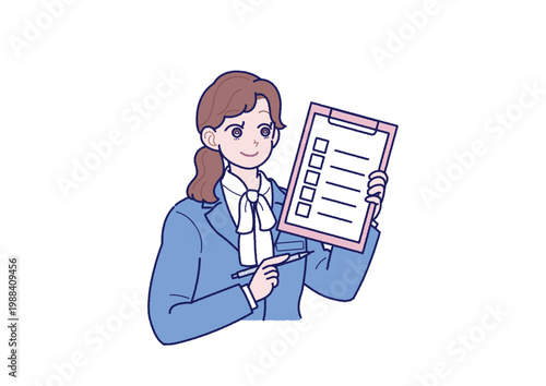 書類とペンを持ったスーツ姿の若い女性のイラスト
