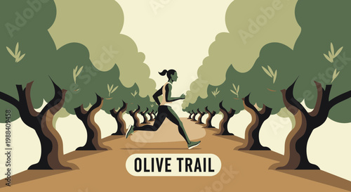 Silhouette Of A Woman Running Down An Olive Orchard Path In Vector Composition