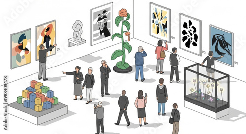 People admire art exhibition in modern gallery museum.