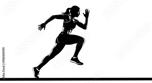 Silhouette Of A Woman Sprinting In Active Motion, Running Towards The Finish Line