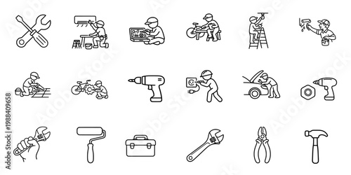 Repair and Maintenance Line Icon Set. Tools, Technician, Fixing, Engineering, Service Icons.