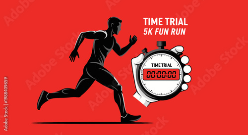 Silhouette Of Athlete Running With Time Trial Countdown On Stopwatch On Red Background