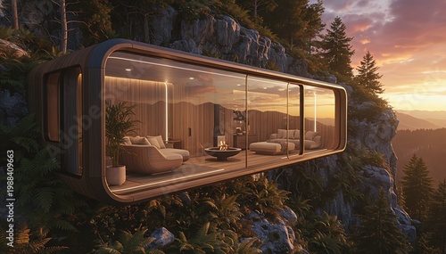 Modern Bio-Integrated Glass Retreat in Remote Wilderness at Golden Hour