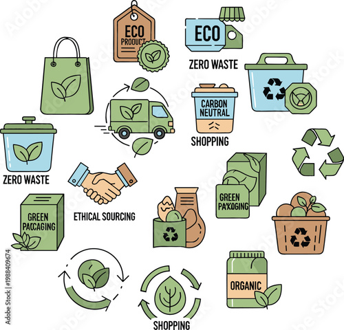 Eco friendly shopping and zero waste lifestyle icons set featuring reusable bags, recycling, sustainable packaging, green consumption and environmental protection vector illustration